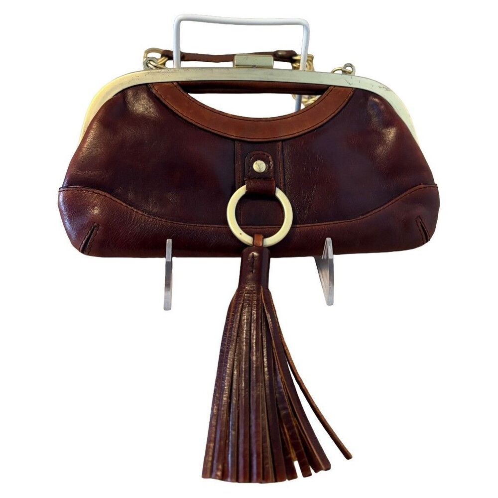 Latico Brown Leather Handbag Clutch Tassel Chain Handle 9" Compact